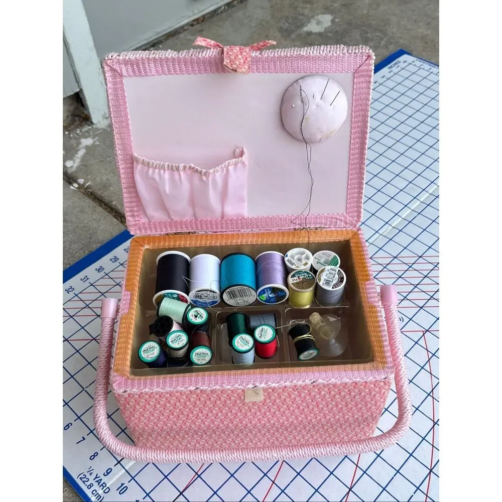$$ VTG Pink Floral Sewing Basket Box Filled Sewing Kit Wood Base Cottagecore